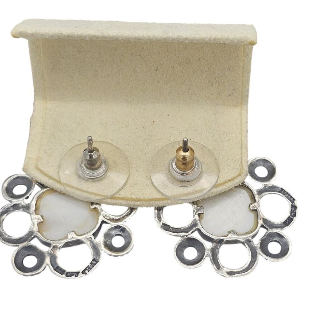 Vintage Sterling Silver and Mother of Pearl Cabochon CFJ 925 Pierced Earrings - Picture 2 of 4